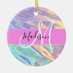 Mädchenrosa Holografisch Iridescent Monogram Name Keramik Ornament