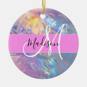 Mädchenrosa Holografisch Iridescent Monogram Name Keramik Ornament