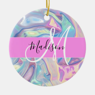 Mädchenrosa Holografisch Iridescent Monogram Name Keramik Ornament