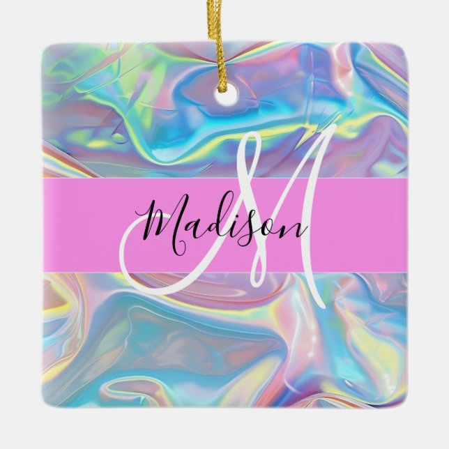 Mädchenrosa Holografisch Iridescent Monogram Name Keramikornament (Vorderseite)