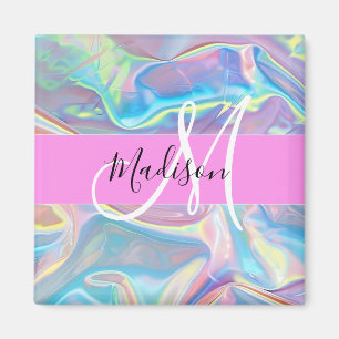 Mädchenrosa Holografisch Iridescent Monogram Name Magnet