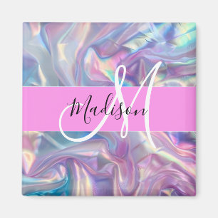 Mädchenrosa Holografisch Iridescent Monogram Name Magnet