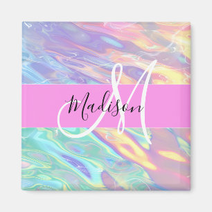 Mädchenrosa Holografisch Iridescent Monogram Name Magnet