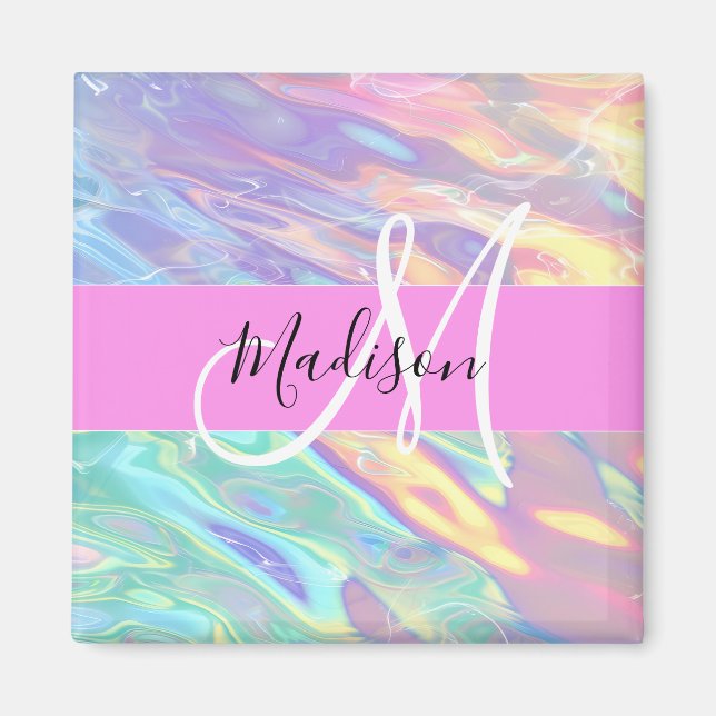 Mädchenrosa Holografisch Iridescent Monogram Name Magnet (Vorne)