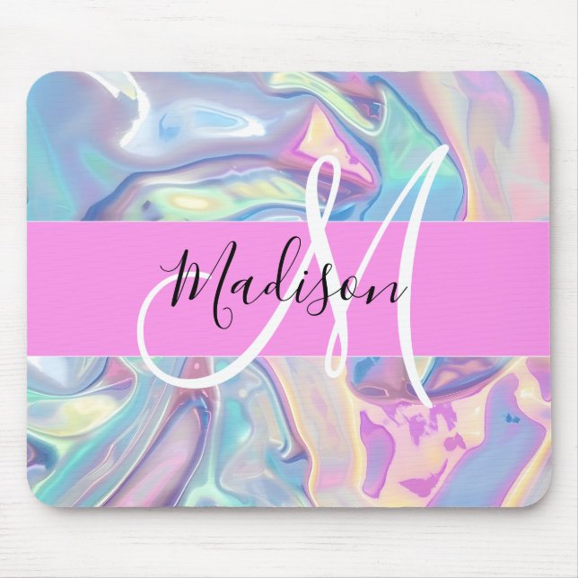 Mädchenrosa Holografisch Iridescent Monogram Name Mousepad (Vorne)