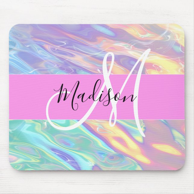 Mädchenrosa Holografisch Iridescent Monogram Name Mousepad (Vorne)
