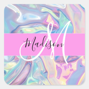 Mädchenrosa Holografisch Iridescent Monogram Name Quadratischer Aufkleber