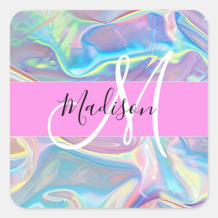 Mädchenrosa Holografisch Iridescent Monogram Name Quadratischer Aufkleber