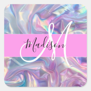 Mädchenrosa Holografisch Iridescent Monogram Name Quadratischer Aufkleber