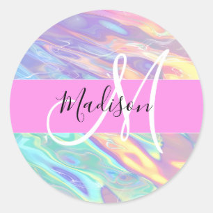 Mädchenrosa Holografisch Iridescent Monogram Name Runder Aufkleber