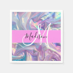 Mädchenrosa Holografisch Iridescent Monogram Name Serviette