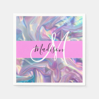 Mädchenrosa Holografisch Iridescent Monogram Name Serviette