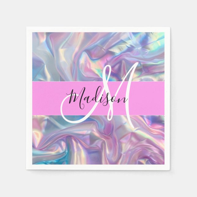 Mädchenrosa Holografisch Iridescent Monogram Name Serviette (Vorderseite)