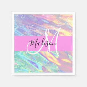 Mädchenrosa Holografisch Iridescent Monogram Name Serviette