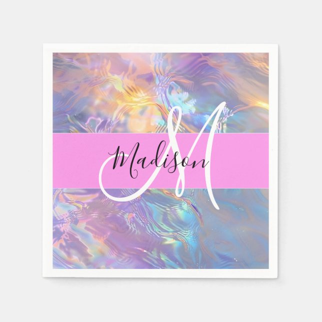 Mädchenrosa Holografisch Iridescent Monogram Name Serviette (Vorderseite)