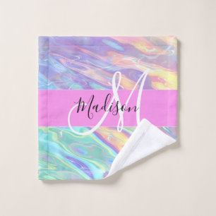 Mädchenrosa Holografisch Iridescent Monogram Name Waschlappen