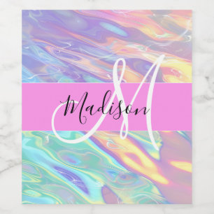 Mädchenrosa Holografisch Iridescent Monogram Name Weinetikett