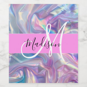 Mädchenrosa Holografisch Iridescent Monogram Name Weinetikett