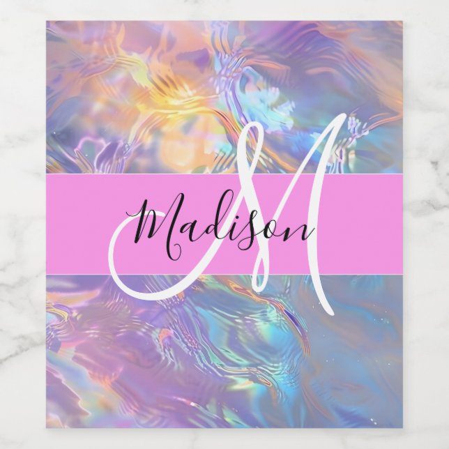 Mädchenrosa Holografisch Iridescent Monogram Name Weinetikett (Einzelnes Label)