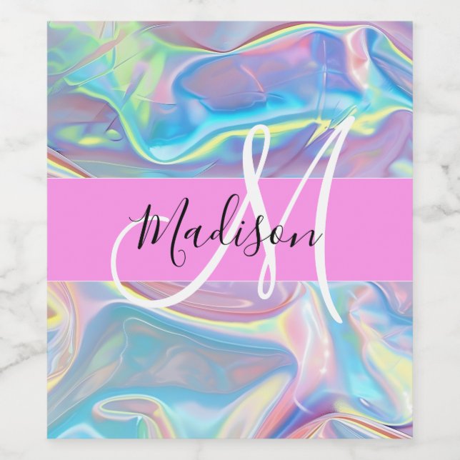 Mädchenrosa Holografisch Iridescent Monogram Name Weinetikett (Einzelnes Label)