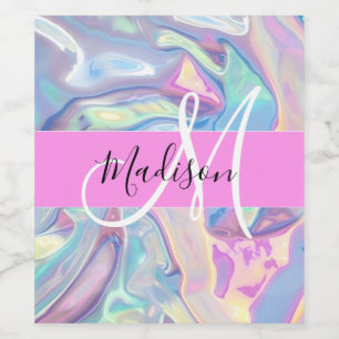 Mädchenrosa Holografisch Iridescent Monogram Name Weinetikett