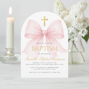 Mädchentaufe Rosa Schleife Faux Gold Kreuz Kalligr Einladung