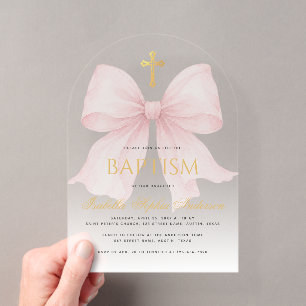 Mädchentaufe Rosa Schleife Faux Gold Kreuz Schrift Acryleinladungen