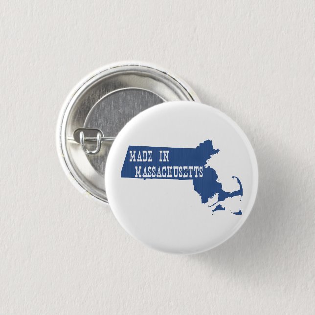 Made in Massachusetts Shaped Blue White Text Schri Button (Vorne & Hinten)