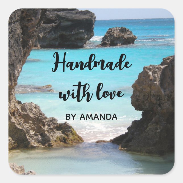 Made with Liebe Foto of Tropical Island Coast Quadratischer Aufkleber (Vorderseite)