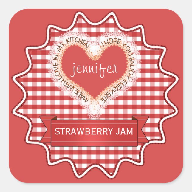 Made with Liebe Gingham Red Quadratischer Aufkleber (Vorderseite)