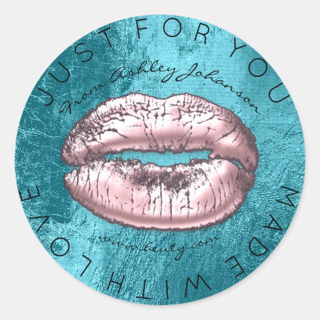 Made with Liebe Pink Kiss Turqoise Makeup Lips Runder Aufkleber (Vorderseite)