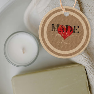 Made with Liebe Script Red Heart on Linen Texture Geschenkanhänger