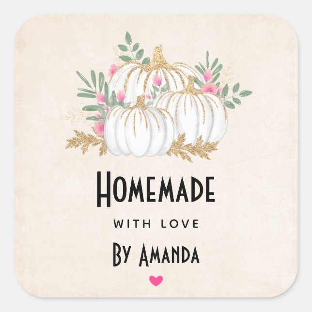 Made with Liebe White and Gold Pumpkins Wasserfarb Quadratischer Aufkleber (Vorderseite)