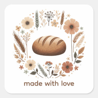Made With Love Bread Label | Cottagecore Bakery Quadratischer Aufkleber