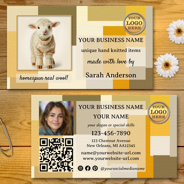 Made with Love Wool Knitting Crafts Visitenkarte (Home made with love business card featuring a colorful design with custom photos and QR code)
