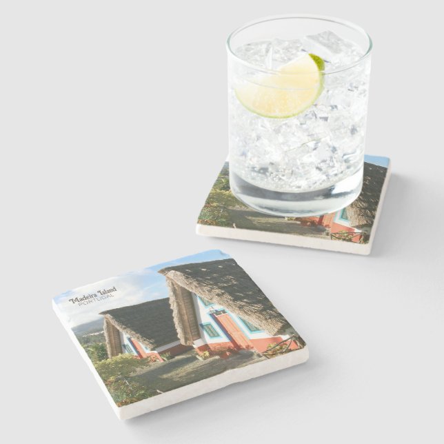 Madeira Island Foto mit typischen Häusern, Portuga Steinuntersetzer (Seitenansicht)