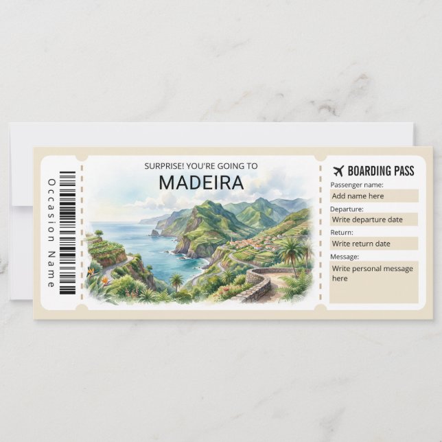 Madeira-Reise-Boarding-Pass-Ticket Einladung (Vorderseite)