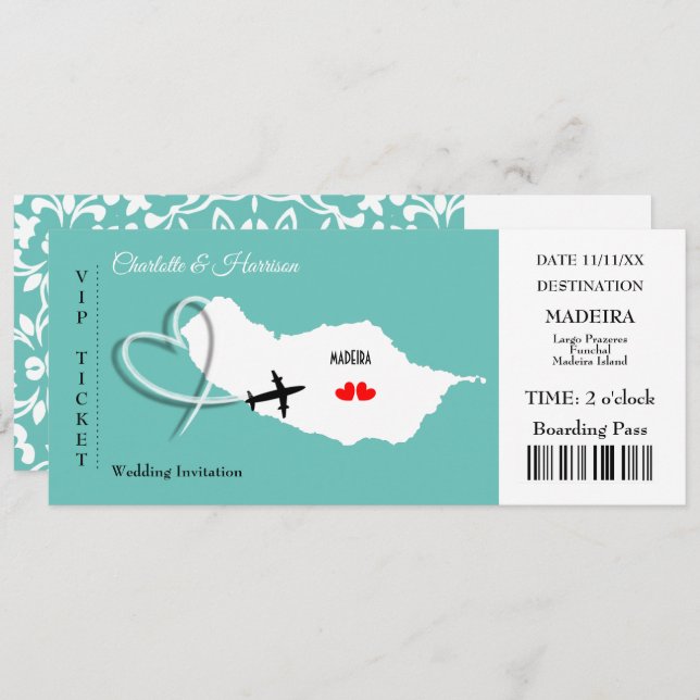 Madeira Wedding Destination Ticket Boarding Pass Einladung (Vorne/Hinten)