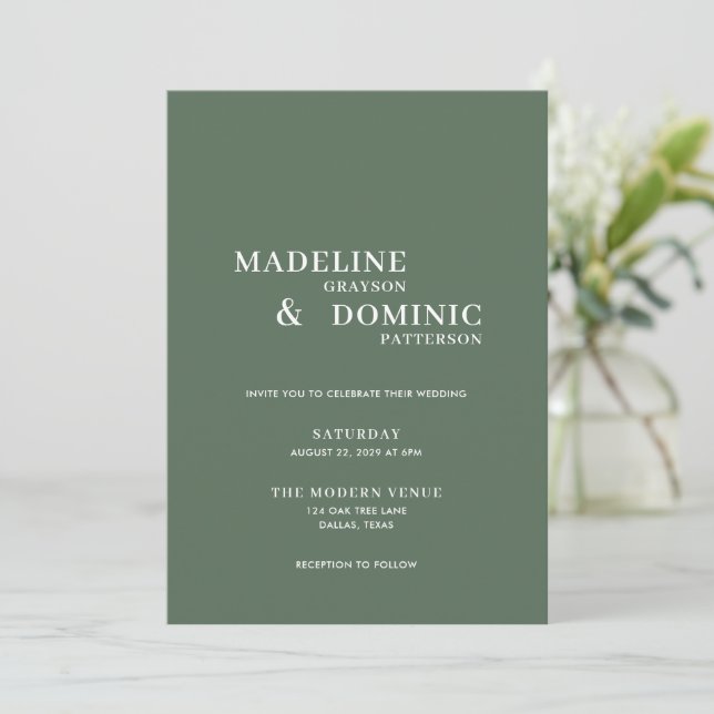 Madeline Forest Green Simple Modern Wedding Einladung (Stehend Vorderseite)