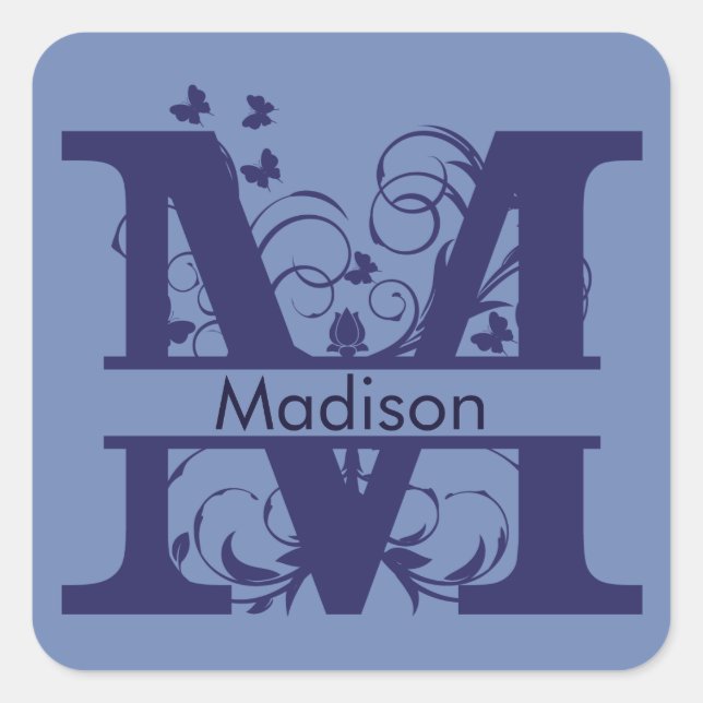 Madison Monogram Butterfly Wirbel Quadratischer Aufkleber (Vorderseite)