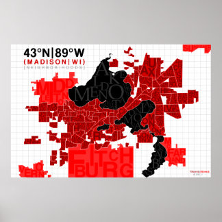 Madison Neighbhood Typografy Map - Rot Poster