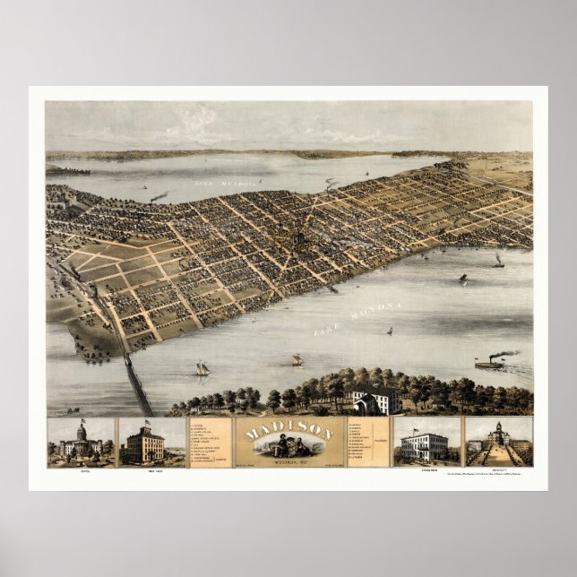 Madison, WI Panorama Karte - 1867 Poster (Vorne)
