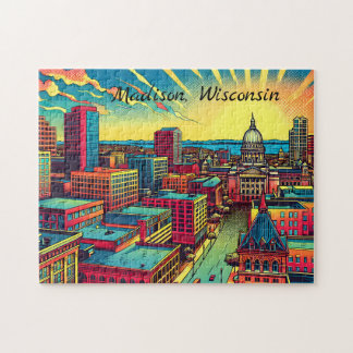 Madison, Wisconsin City-Silhouette bei Sonnenunter Puzzle