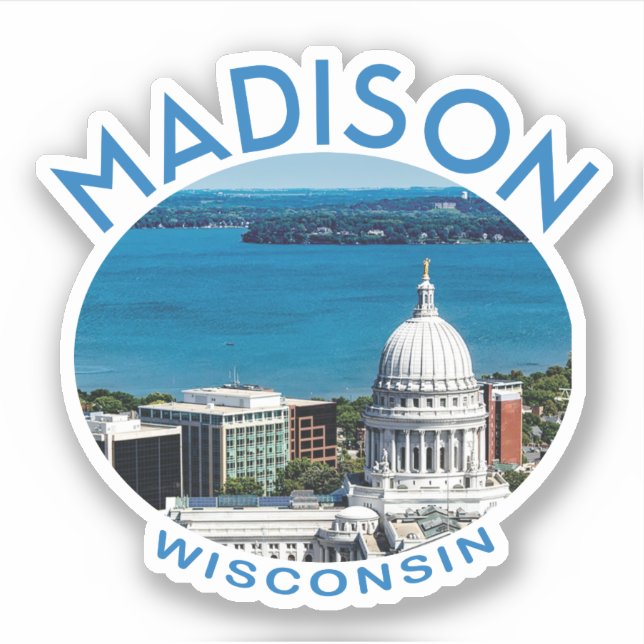 Madison Wisconsin mit Beschriftung und Foto Aufkleber (Vorderseite)