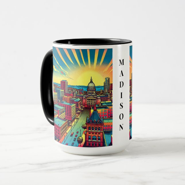 Madison, Wisconsin Skyline bei Sunset Tasse (Vorderseite Links)