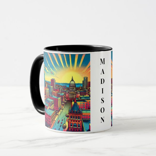 Madison, Wisconsin Skyline bei Sunset Tasse (Vorderseite Links)