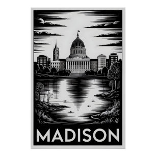 Madison Wisconsin Skyline Schwarz Weiß Holzschnitt Poster