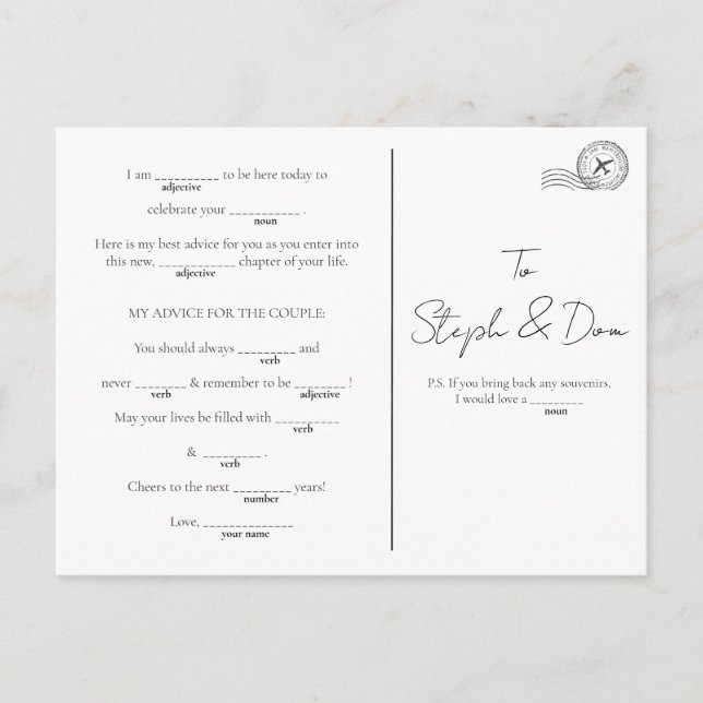 MadLib Game - Verlobung, Goodbye Party, Feiertagspostkarte (Vorderseite)