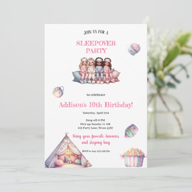 MÄDLICH PAJAMAS PARTY EINLADUNG (Stehend Vorderseite)