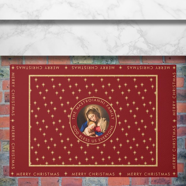 Madonna & Child Katholische Weihnachtsgeschenk Fußmatte (Religious Christmas doormat with Madonna and Child in red and gold for Catholics/Christians.)
